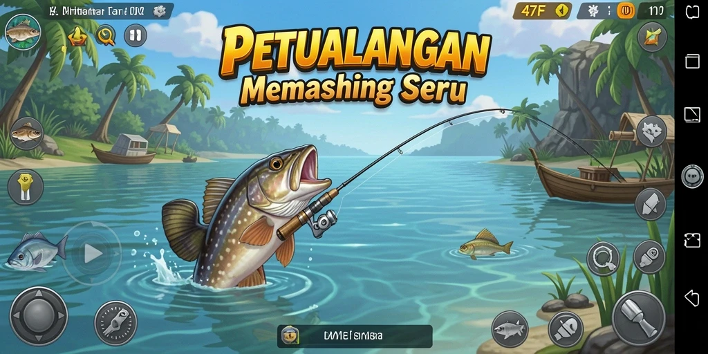 Screenshot gameplay 47F yang menampilkan momen menangkap ikan besar.