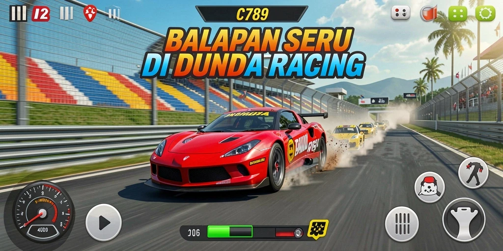 Tampilan gameplay seru dengan mobil balap beraksi di trek.