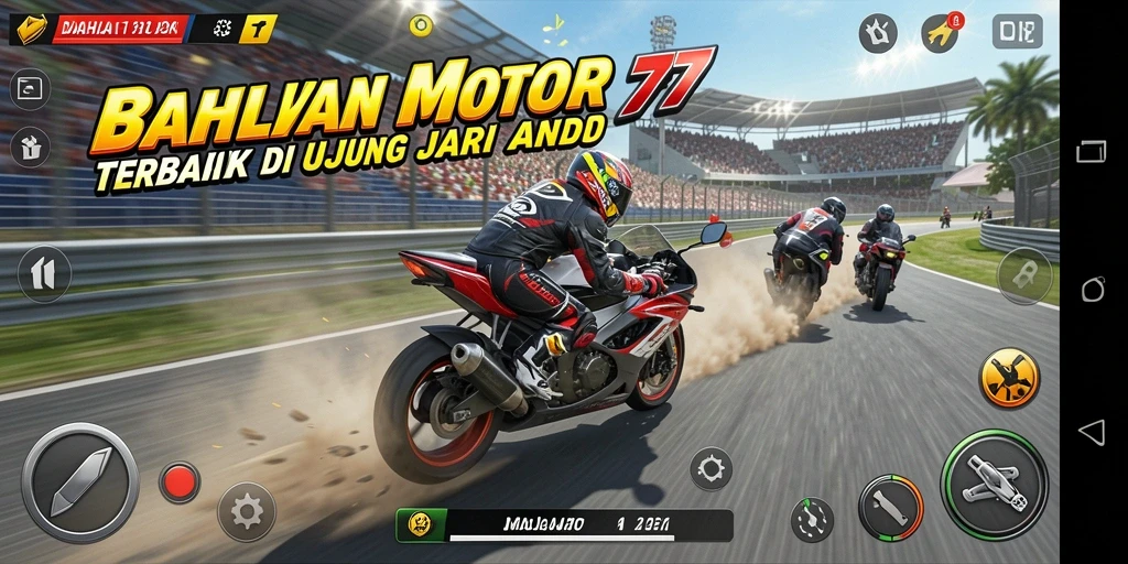 Tangkapan layar menunjukkan aksi balapan motor yang seru dan grafis yang memukau.
