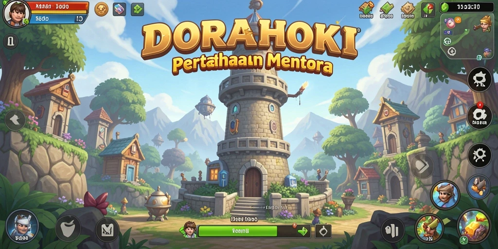 Screenshot DORAHOKI menampilkan aksi pertahanan menara yang seru.
