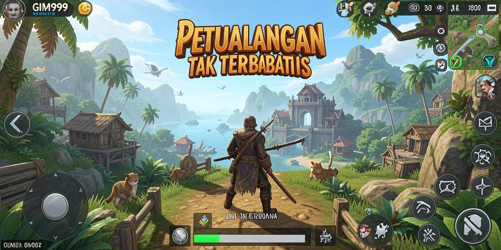 Screenshot gameplay GIM999 yang menampilkan dunia terbuka yang luas.
