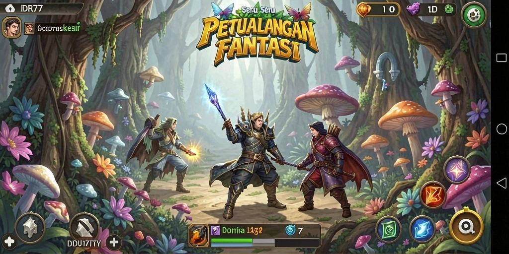 Screenshot gameplay IDR77 menampilkan petualangan di dunia fantasi.