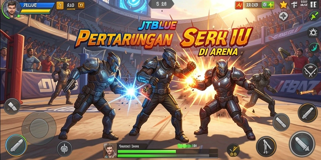 Tampilan gameplay JTBLUE yang mendebarkan dan penuh aksi di arena pertarungan.