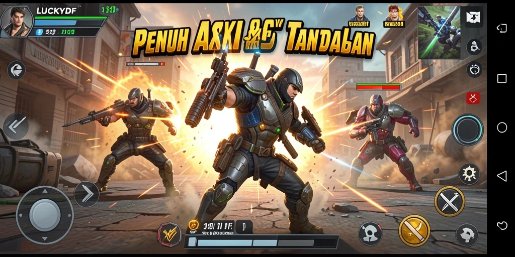 Tampilan gameplay aksi intens di LUCKYDF dengan senjata yang mengesankan.