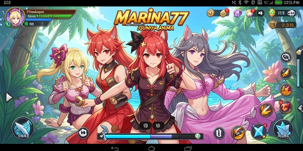 Screenshot utama MARINA77 menampilkan karakter anime beraksi dalam pertarungan epik.