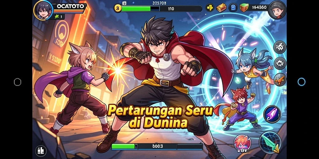 Tangkapan layar OCATOTO menampilkan aksi pertarungan karakter anime.