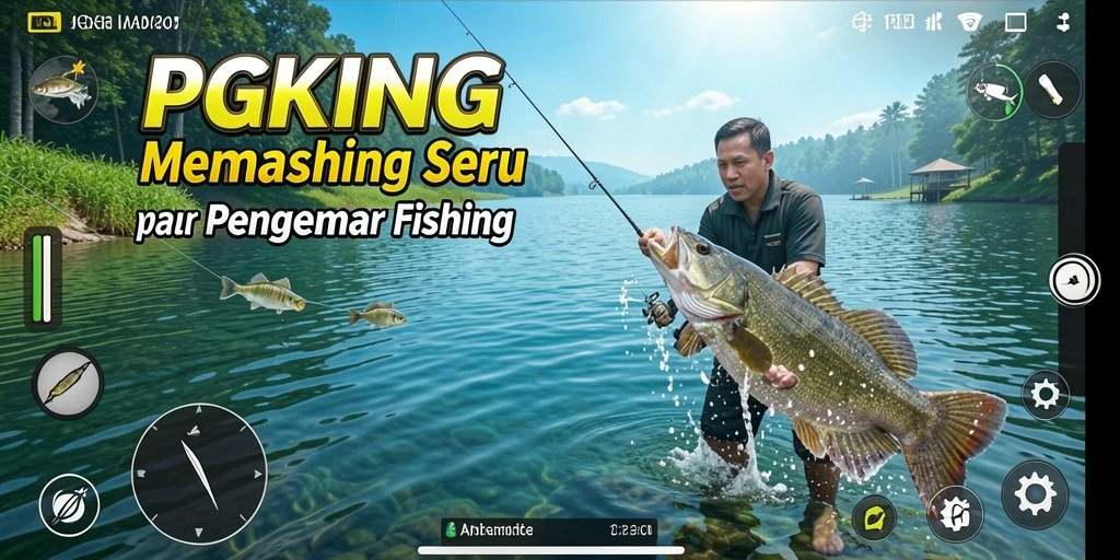 Screenshot utama PGKING menampilkan pemain yang sedang memancing dengan latar belakang yang indah.