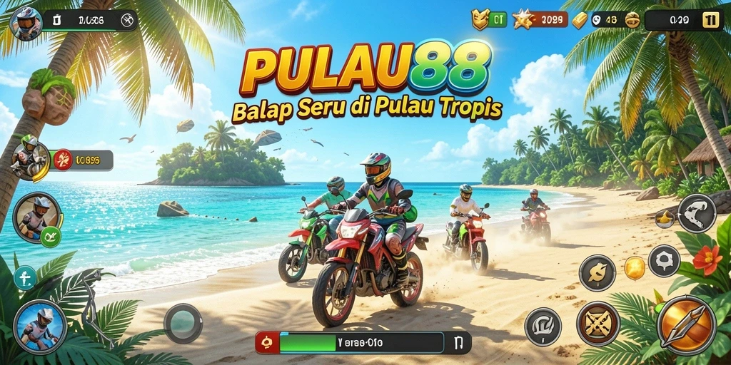 Tampilan seru dari gameplay balapan di PULAU88 di pulau tropis.