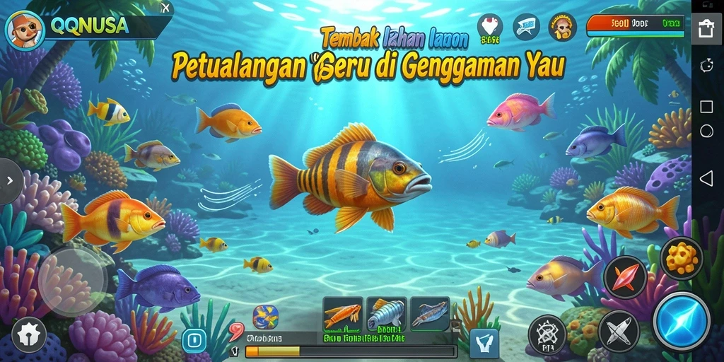 Gameplay QQNUSA menampilkan aksi menembak ikan yang seru dan penuh warna.