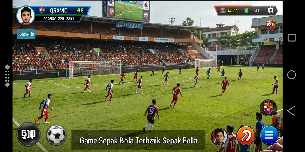 Tangkapan layar utama QTGAME menampilkan aksi permainan sepak bola yang mendebarkan.