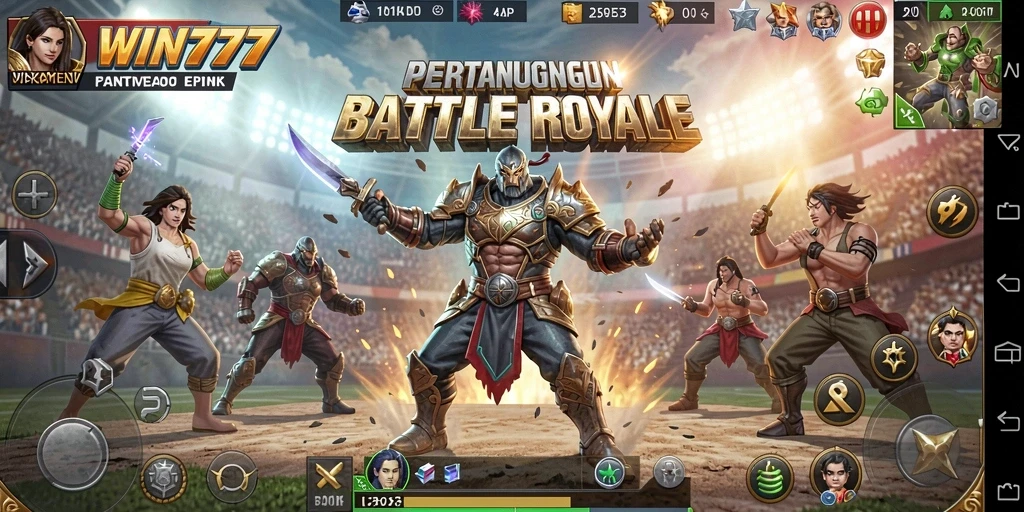 Gameplay WIN777 dengan aksi pertempuran Battle Royale yang mendebarkan.